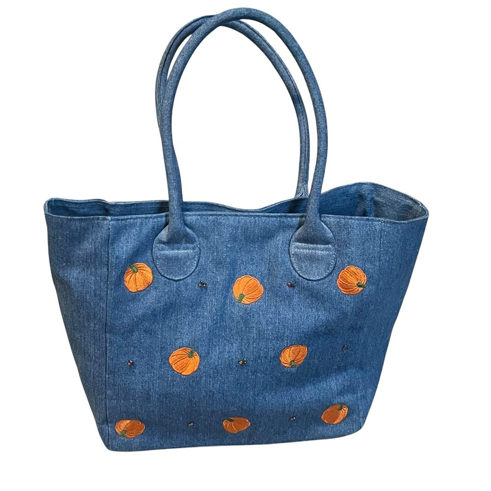 Denim Embroidered Fall Pumpkin Shoulder Tote Bag
